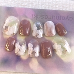 再販☆re☆ネイルチップ　SALE ジェルネイル　くすみピンク　ホワイト　フラワー　お花ネイル　ネイルチップ　春　夏　クリア　成人式　新生活　短い　普段使い　会社