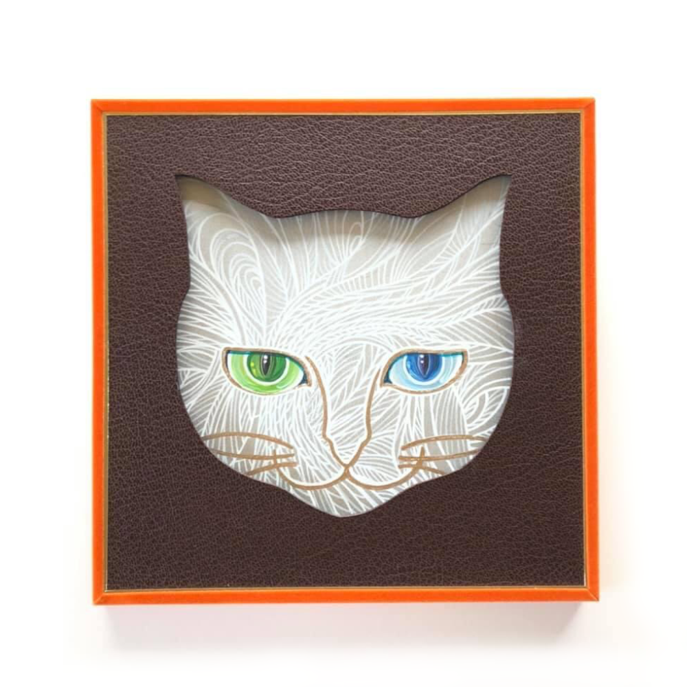 壁掛け猫アート【三毛猫貼り絵xネコ額縁】モノトーンのドットで