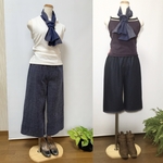 浴衣地ゆったりストレートパンツ＋ハーフパンツ＋ストール＊綿ローン裏地付き＊着物リメイク