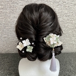 つまみ細工　紫陽花のヘアクリップ+小花Uピン  white×green   *七五三 *ゆかた *タッセル *花嫁 *浴衣 *白 *アジサイ *あじさい