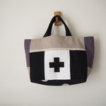 リネン＆コットン　ランダムパッチ　モノトーン系　横長　トートBAG　　♪　帆布　黒　クロス