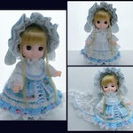メルちゃんサイズ　水色イチゴ柄　垂れ耳ボンネット　フリフリコーデ5点セット　編み上げブーツ　ソランちゃん　レミンちゃん　コルネちゃんサイズ　ゴスロリ ロリータ 　服
