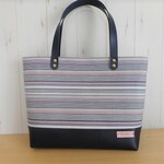 倉敷帆布　ボーダー柄　ピンク×グレー＆合皮のマチ広トートバッグ　