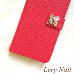 【iPhone7・7plus・6/6s・6plus/s】ローズクォーツ♡ハートパールビジュー☆赤RED手帳型ケース