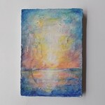 絵画 インテリア 水彩画 額絵 水彩と色墨のコラボ画 夕暮れの風景、空と海と光と