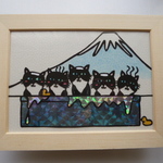 富士山と猫ちゃん達のお風呂の切り絵　（＝＾ｗ＾＝）