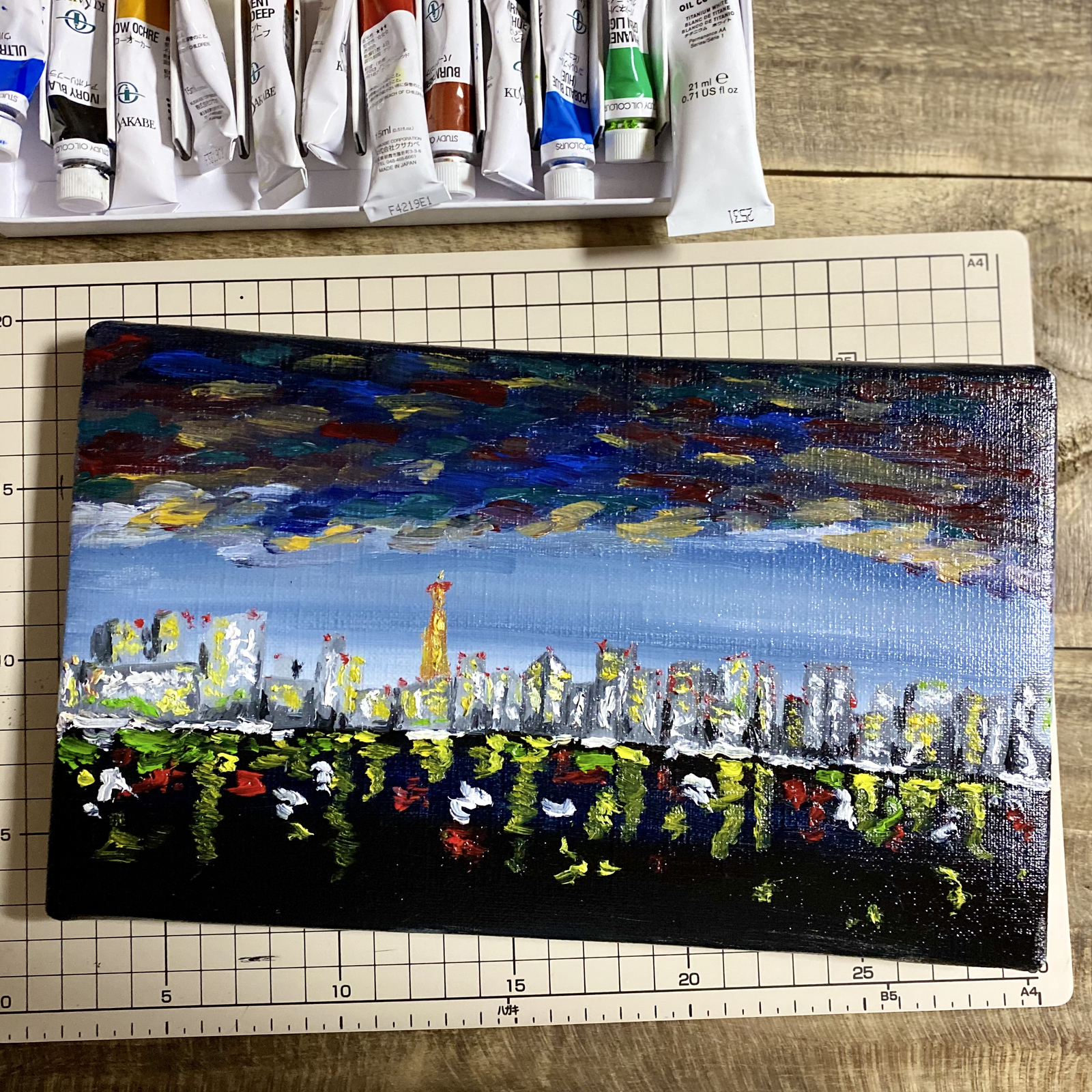 インテリア絵画＊東京タワーが見える夜景＊油絵 - むぎのおうち