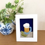 ミニ押し絵「ビールと枝豆」　ミニ額入り