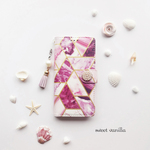 【iphone8/7/SE2/11/12/12Pro】手帳型 ケース♥タッセル＆ビジューが選べる♥高品質 パープル 大理石 マーブル ストラップ付き