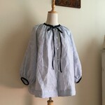 ベルギーLibeco社ストライプリネンで作ったふんわりラグランスリーブブラウス