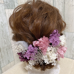 ［62追加再販］12本　パープル×ピンク×ホワイト　紫陽花　かすみ草　スケルトンリーフ　チュール　ラグラス　成人式　卒業式　ウェディング　ブライダル　プリザーブドフラワー　カシス　ダーク