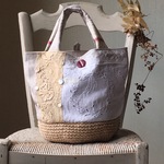 リボン*アンティーク手刺繍レース*赤ラインかごバッグ* love&eco