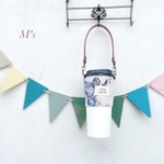 YUWAブルーグレー薔薇の綿麻カップホルダー/ドリンクホルダー(有輪)★タピオカホルダーにも♡送料無料