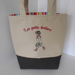 フランスの通学の女の子刺繍の帆布のミニトートバッグ　グリーン