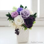 プリザーブドフラワー＜アラベスク＞パープル ホワイト バラ ミニアレンジ　SSサイズ 【仏花 お供え花】