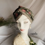 ⭐️capella⭐️ストレスフリーなターバン¨*•.¸¸♪カーキリネンとけしのプリントが上品なクロスターバン　可愛すぎない　ギフトにも