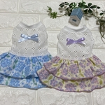 犬服　オーダー　『レース×あじさい柄2段フリルワンピース』　ブルー/パープル　夏　スカート　リボン　紫陽花　わんこ服　お揃い　双子コーデ