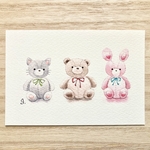 🐰透明水彩画「大切なぬいぐるみ」北欧イラストポストカード２枚セット　バースデーカード　出産祝い　クマ　猫　うさぎ　癒し🐻
