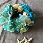 ターコイズとエメラルド紫陽花のマリンリース　ラッピング無料　サマーリース　エメラルドグリーン　海　海辺　ハワイ　引っ越し祝い　新築祝い　誕生日プレゼント　夏