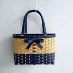 【再販】ネイビー＆クラフトツートンカラーのダブルリボンのクラフトかごバッグ（Ｍ）