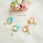【再販】あじさいビジューと揺れるパール　イヤリング/ピアス/花/フラワー/紫陽花/ビジュー/パール/浴衣