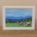 油絵原画『羊たち』　額縁付き