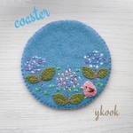 フェルト刺繍　鳥さんとあじさいのコースター