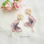クリアフラワーと蝶々　～ピンク～　イヤリング/ピアス/花/フラワー/蝶/バタフライ/刺繍/パール/しずく