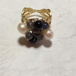 黒珊瑚、スモーキークオーツ、淡水パールのリング