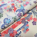 アイボリー 型染 鳥・蝶に流水四季花模様 小紋 正絹縮緬生地 丹後ちりめん No.40【50cm×36cm】着物の解き 和布 silk100%