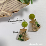 再販☆緑茶色カボションとインド刺繍タッセルピアス♡イヤリング