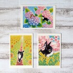 ポストカード3枚セット猫パステル画〈花とクロ・紫陽花 ひまわり 河津桜〉