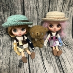 オフホワイトとライトブルーのカンカン帽/ミディブライス、ミドルアイシードールサイズ
