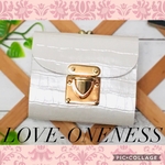 ❤【高級感×可愛い♪】大人オシャレながま口付き総本革ミニ財布♪白 パールホワイト クロコダイル柄 レザー コンパクト 丁寧手作り