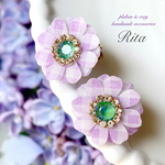ライラックギンガムチェック flowerイヤリング〜green〜