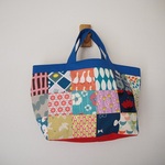 北欧風　四角パッチ　横長トートBAG　帆布　青×赤♪　ちょうちょ　アヒル