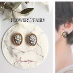 立体 🌹ローズ カメオ グレー✨×gold ビーズ刺繍 ピアスorイヤリング   /薔薇/フラワー/立体/ゴールド/スタッドピアス/1,5cm×1,9cm