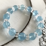高品質アクアマリンと水晶ボタンカットのブレスレット☆10.2-10.9mm玉