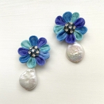 新作✨🐠🏝Ocean color flowers🏝🐠✨イヤリングorピアス淡水パールでおめかしver.🫐💎Swarovski blue💎🫐