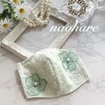 1点限定　マスク　レースマスク　お花刺繍　夏マスク　ミント　パール　スワロフスキー　立体マスク