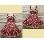 1点物*苺柄 2段ティアード シャーリング ジャンパースカート サンドレス★ローズレッド×生成レース(即納品)