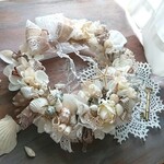 シェルリース(23cm)＊レースと木の実とシェルブーケ＊サマーリース・夏リース・ガーデンリース・ホワイトリース・貝殻リース・アンティークリース