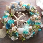 [ご売約]シェルリース(25cm)＊Blueドアのseaコテージから～bright blue～＊フラワーリース・サマーリース・夏リース・ブルーリース・ガーデンリース・グリーンリース