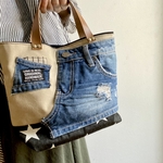 [オーダーta19640726様専用ページ] お手軽Bag（デニムリメイク×ベージュ帆布）　夜空に月と星