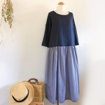  枚数限定𓂃一枚で可愛く決まる...♪*ﾟコットンリネンとギンガムチェックのローウエスト切替ワンピース /navy