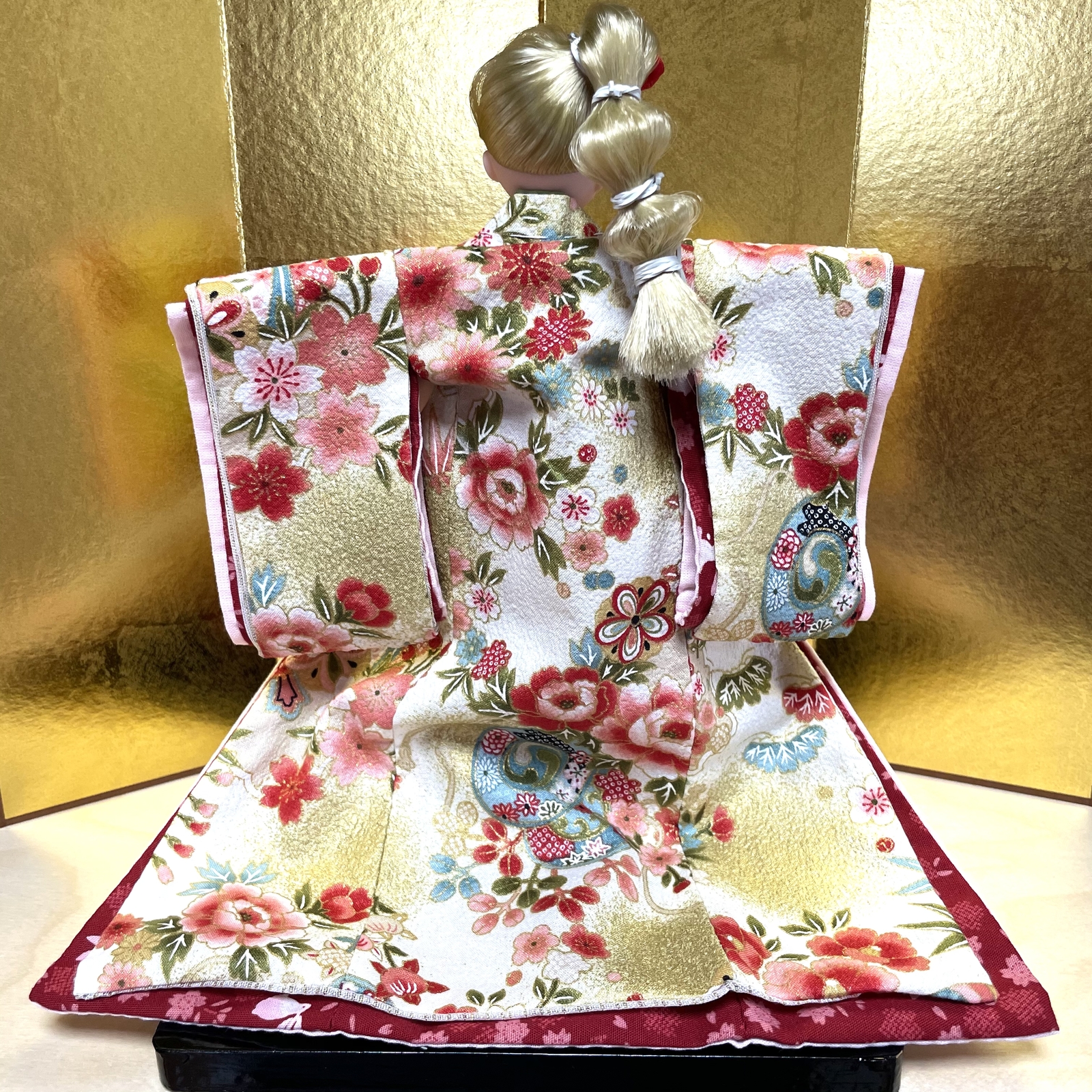 ミニチュア着物　騎馬　ゆらっちページ 受注】some-pri セオα 単衣着物「雲八咫烏 桜鼠×エンジ」片身