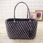 限定MIXカラー【チャコールグレー＆パステルグレー】花結び編みのクラフトバッグL