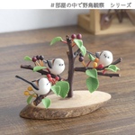 シマエナガとエゾヤマザクラ(実)3羽　【部屋の中で野鳥観察シリーズ】