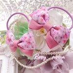 幻想的な花柄×Roseピンク♡ダブルリボン のヘアゴム 2個set