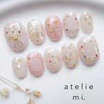 パステルドライフラワーブーケ&リースのネイルチップ*ブライダルネイル成人式にも　シンプル　押し花　着物  ピンク　くすみネイル　結婚式
